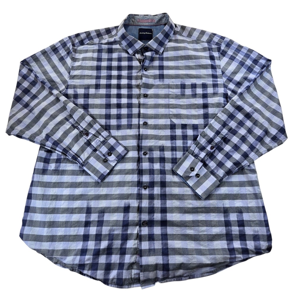 Tommy Bahama Womens XXL Blue Grey Plaid Cotton Button Down Shirt Long Sleeve